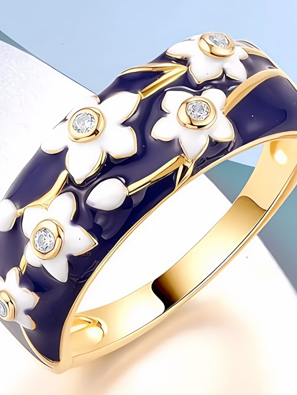 Adorable Blue enamel white flower CZ ring, Sz.9